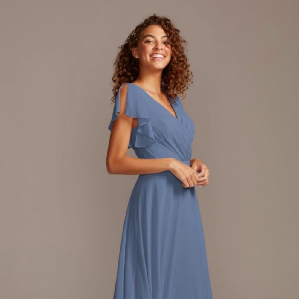 Davids Bridal Flutter Sleeve Bridesmaid Dress - Size 22 Steel Blue